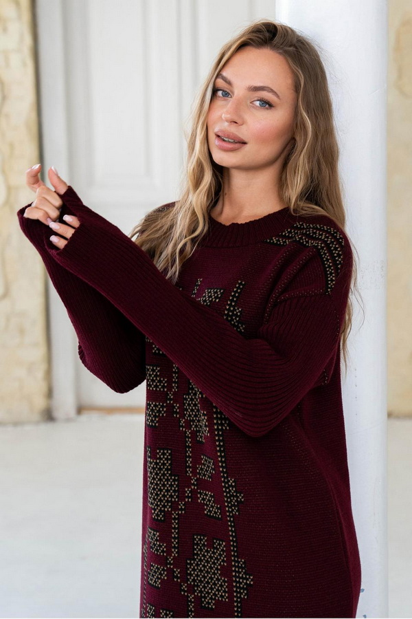 Knitted dress vyshyvanka Verbena (burgundy black caramel) for chest circumference 88-108 cm